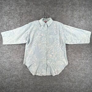 Vintage Hot Stuff Button Up Shirt Womens Light Blue Tropical Leaf 3/4 Sleeve